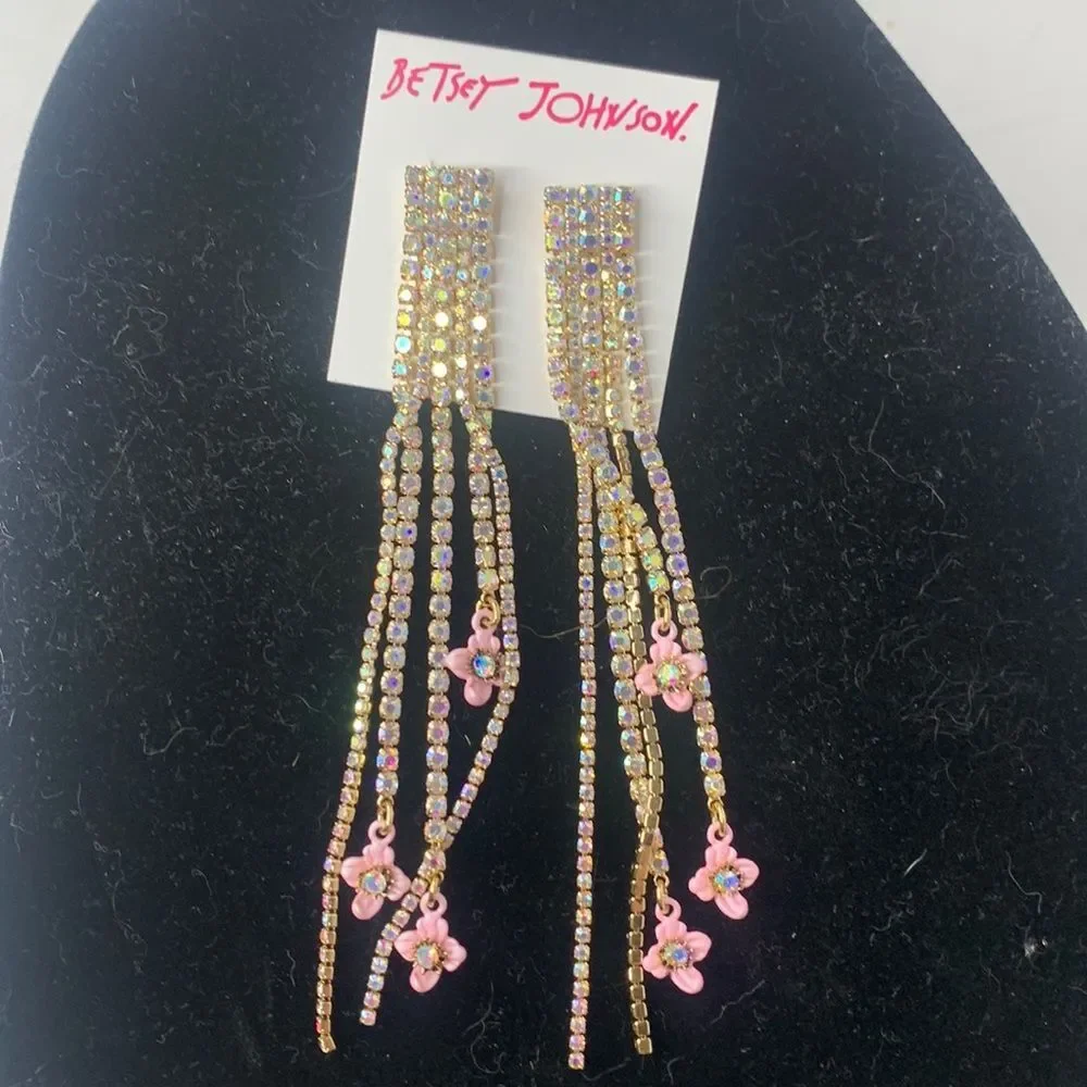 Betsey Johnson floral stone linear fringe earrings NWT - Picture 3 of 8
